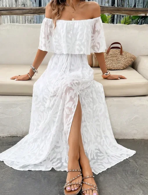 Women's Maxi Dress White Dress A Line Dress Elegant Ruffle Sleeve Wedding Guest Cocktail Party Loose Fit Solid Color Plain Short Sleeve Off Shoulder White Apricot Summer