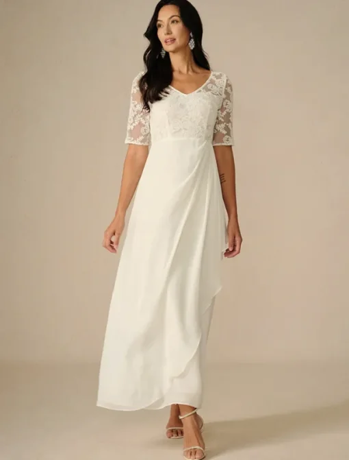 Women's Maxi Dress White Dress Chiffon Dress Elegant Wedding Engagement Regular Fit Plain Short Sleeve V Neck White Summer Spring Fall Winter