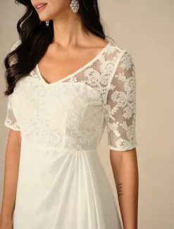 Women's Maxi Dress White Dress Chiffon Dress Elegant Wedding Engagement Regular Fit Plain Short Sleeve V Neck White Summer Spring Fall Winter