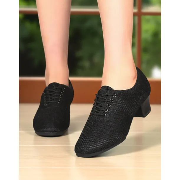Women's Mesh Lace-Up Ballroom Dance Shoes with Low Heel, Breathable Professional Practice Footwear for Latin and Waltz Performance