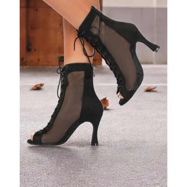 Women's Mesh Lace-Up Peep-Toe Heeled Latin Dance Shoes with Soft Suede Sole – Breathable Transparent Panel Design with Stiletto Heel, Ideal for Salsa, Tango, and Latin Dance