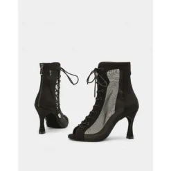 Women's Mesh Lace-Up Peep-Toe Heeled Latin Dance Shoes with Soft Suede Sole – Breathable Transparent Panel Design with Stiletto Heel, Ideal for Salsa, Tango, and Latin Dance