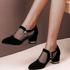 Women's Mesh Panel Chunky Heel Dress Shoes - Elegant Black Formal Pumps with Zipper and Ring Detail