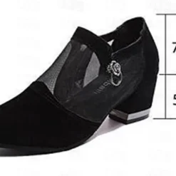 Women's Mesh Panel Chunky Heel Dress Shoes - Elegant Black Formal Pumps with Zipper and Ring Detail