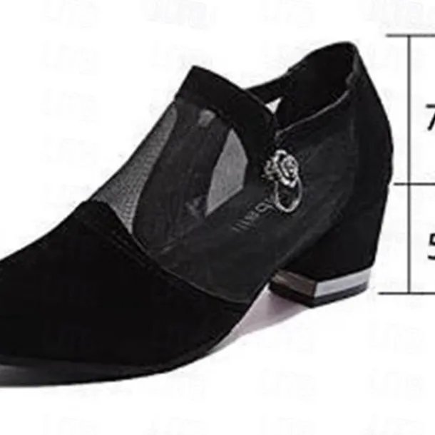 Women's Mesh Panel Chunky Heel Dress Shoes - Elegant Black Formal Pumps with Zipper and Ring Detail