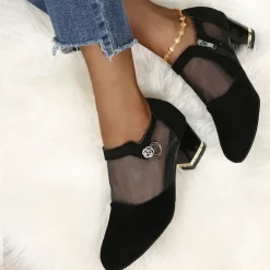 Women's Mesh Panel Chunky Heel Dress Shoes - Elegant Black Formal Pumps with Zipper and Ring Detail
