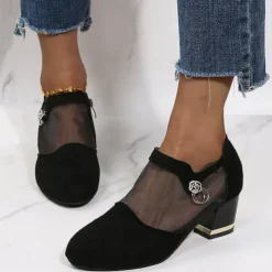 Women's Mesh Panel Chunky Heel Dress Shoes - Elegant Black Formal Pumps with Zipper and Ring Detail