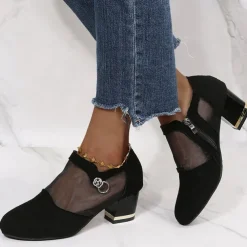 Women's Mesh Panel Chunky Heel Dress Shoes - Elegant Black Formal Pumps with Zipper and Ring Detail