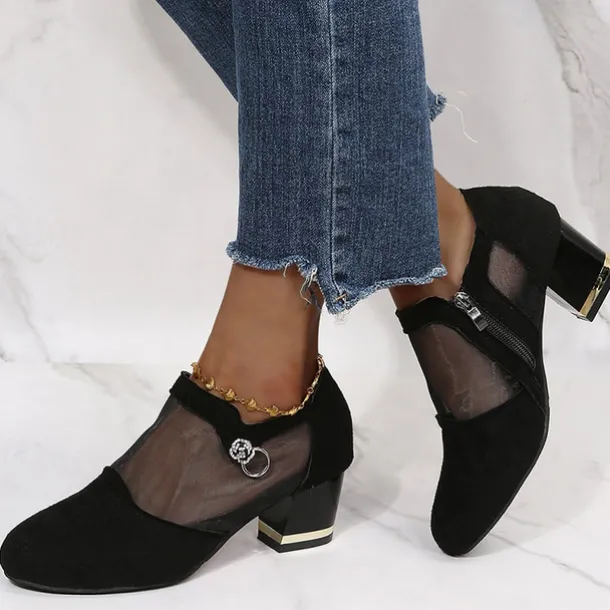 Women's Mesh Panel Chunky Heel Dress Shoes - Elegant Black Formal Pumps with Zipper and Ring Detail