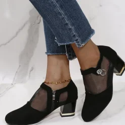 Women's Mesh Panel Chunky Heel Dress Shoes - Elegant Black Formal Pumps with Zipper and Ring Detail