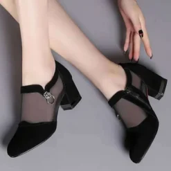 Women's Mesh Panel Chunky Heel Dress Shoes - Elegant Black Formal Pumps with Zipper and Ring Detail