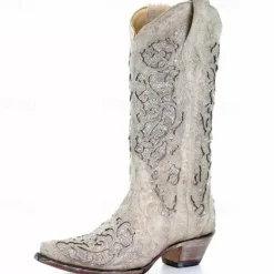Women's Mid Calf Boots Vintage-Style White Western Cowboy Boots with Embroidery and Rhinestone Accents for Festivals and Everyday Wear