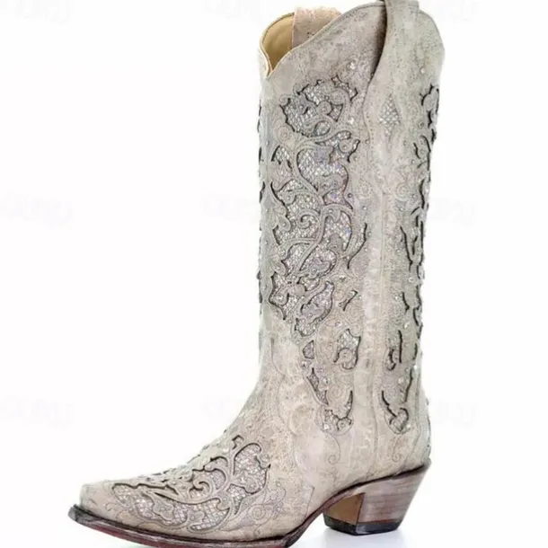Women's Mid Calf Boots Vintage-Style White Western Cowboy Boots with Embroidery and Rhinestone Accents for Festivals and Everyday Wear