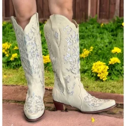 Women's Mid Calf Boots Vintage-Style White Western Cowboy Boots with Embroidery and Rhinestone Accents for Festivals and Everyday Wear