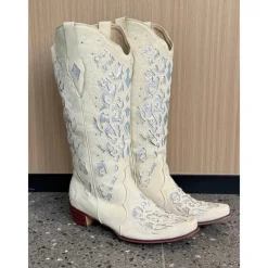Women's Mid Calf Boots Vintage-Style White Western Cowboy Boots with Embroidery and Rhinestone Accents for Festivals and Everyday Wear