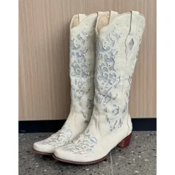 Women's Mid Calf Boots Vintage-Style White Western Cowboy Boots with Embroidery and Rhinestone Accents for Festivals and Everyday Wear
