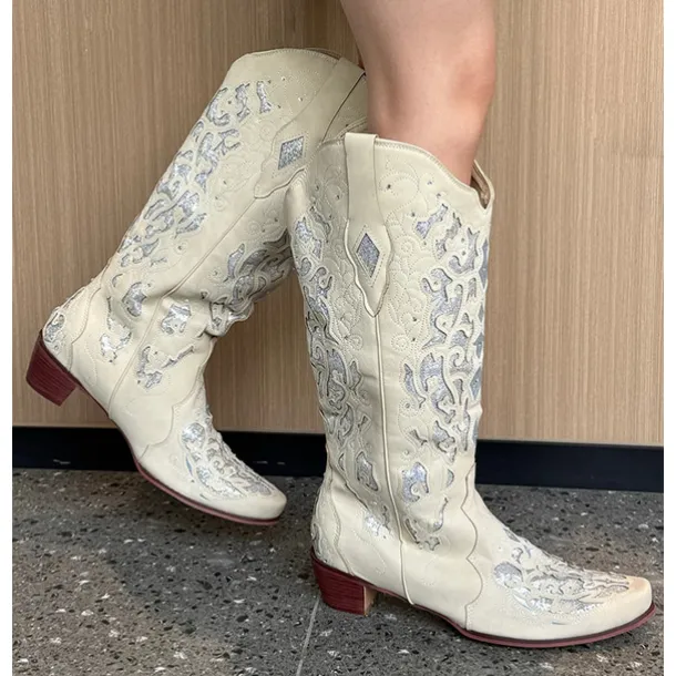 Women's Mid Calf Boots Vintage-Style White Western Cowboy Boots with Embroidery and Rhinestone Accents for Festivals and Everyday Wear