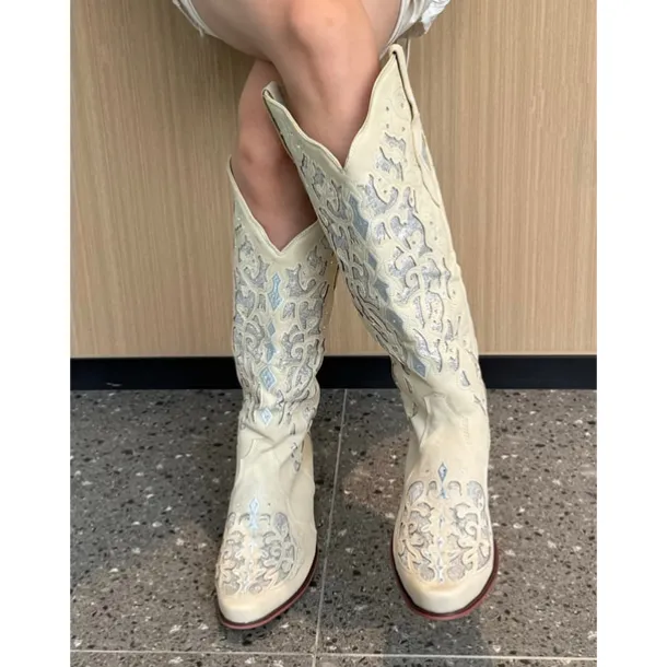 Women's Mid Calf Boots Vintage-Style White Western Cowboy Boots with Embroidery and Rhinestone Accents for Festivals and Everyday Wear