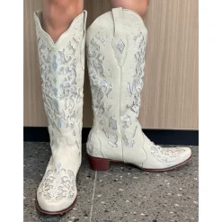 Women's Mid Calf Boots Vintage-Style White Western Cowboy Boots with Embroidery and Rhinestone Accents for Festivals and Everyday Wear