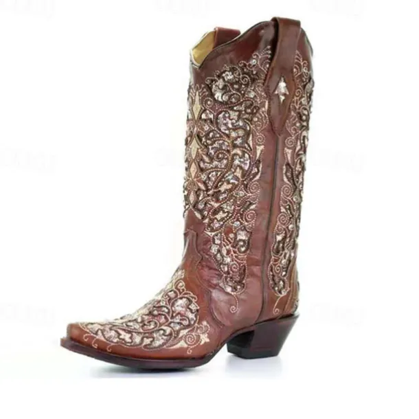 Women's Mid Calf Boots Vintage-Style White Western Cowboy Boots with Embroidery and Rhinestone Accents for Festivals and Everyday Wear