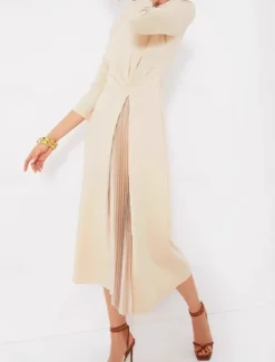 Women's Midi Dress A Line Dress Elegant Stylish Basic Vacation Party Work Regular Fit Plain 3/4 Length Sleeve V Neck Apricot Spring Fall