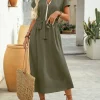 Women's Midi Dress A Line Dress Work Dresses Vacation Casual Outdoor Going out Regular Fit Solid Color Short Sleeve V Neck Green Summer