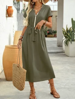 Women's Midi Dress A Line Dress Work Dresses Vacation Casual Outdoor Going out Regular Fit Solid Color Short Sleeve V Neck Green Summer