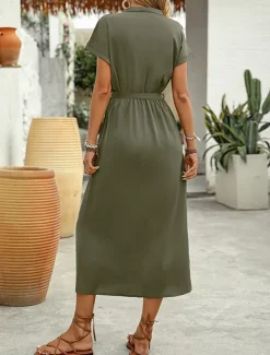 Women's Midi Dress A Line Dress Work Dresses Vacation Casual Outdoor Going out Regular Fit Solid Color Short Sleeve V Neck Green Summer