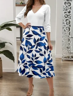 Women's Midi Dress A Line Dress Casual Dress Semi Formal Dress Casual Formal Party Work Regular Fit Leaf 3/4 Length Sleeve V Neck Navy Blue Summer Spring Fall