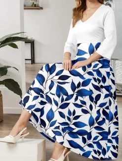 Women's Midi Dress A Line Dress Casual Dress Semi Formal Dress Casual Formal Party Work Regular Fit Leaf 3/4 Length Sleeve V Neck Navy Blue Summer Spring Fall