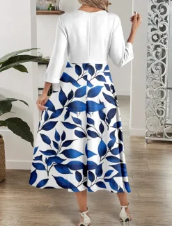 Women's Midi Dress A Line Dress Casual Dress Semi Formal Dress Casual Formal Party Work Regular Fit Leaf 3/4 Length Sleeve V Neck Navy Blue Summer Spring Fall