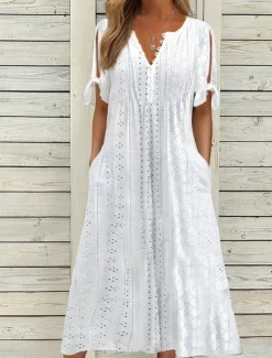 Women's Midi Dress A Line Dress Summer Dress Boho Dress Pleated Dress Elegant Fashion Modern Outdoor Vacation Daily Loose Fit Plain Short Sleeve V Neck White Pink Blue Green Summer Spring