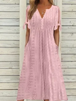 Women's Midi Dress A Line Dress Summer Dress Boho Dress Pleated Dress Elegant Fashion Modern Outdoor Vacation Daily Loose Fit Plain Short Sleeve V Neck White Pink Blue Green Summer Spring