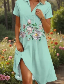 Women's Midi Dress A Line Dress Summer Dress Vacation Casual Beach Date Summer Dress Regular Fit Floral Graphic Short Sleeve Lapel Pink Blue Green Summer
