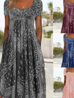 Women's Midi Dress A Line Dress Summer Dress Casual Daily Regular Fit Paisley Short Sleeve Square Neck Pink Red Blue Gray Summer