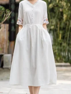 Women's Midi Dress A Line Dress Casual Daily Loose Fit Floral 3/4 Length Sleeve V Neck White Blue Orange Summer