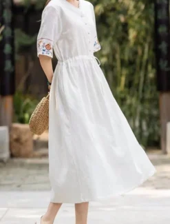 Women's Midi Dress A Line Dress Casual Daily Loose Fit Floral 3/4 Length Sleeve V Neck White Blue Orange Summer