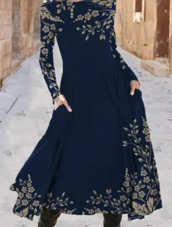 Women's Midi Dress A Line Dress Casual Dress Winter Dress Swing Dress Fashion Streetwear Mature Formal Outdoor Vacation Regular Fit Floral Long Sleeve Crew Neck Black Navy Blue Royal Blue Blue Spring