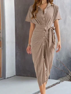 Women's Midi Dress Blazer Dress Stylish Casual Vacation Work Daily Regular Fit Plaid Stripe Half Sleeve Shirt Collar Black Brown Summer Spring Fall