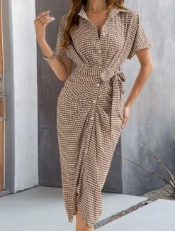 Women's Midi Dress Blazer Dress Stylish Casual Vacation Work Daily Regular Fit Plaid Stripe Half Sleeve Shirt Collar Black Brown Summer Spring Fall