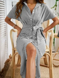 Women's Midi Dress Blazer Dress Stylish Casual Vacation Work Daily Regular Fit Plaid Stripe Half Sleeve Shirt Collar Black Brown Summer Spring Fall