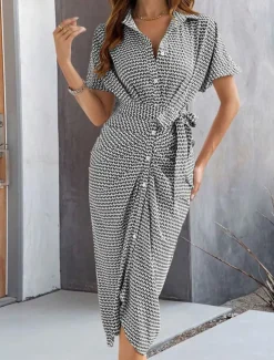 Women's Midi Dress Blazer Dress Stylish Casual Vacation Work Daily Regular Fit Plaid Stripe Half Sleeve Shirt Collar Black Brown Summer Spring Fall