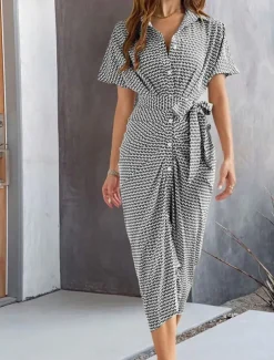 Women's Midi Dress Blazer Dress Stylish Casual Vacation Work Daily Regular Fit Plaid Stripe Half Sleeve Shirt Collar Black Brown Summer Spring Fall