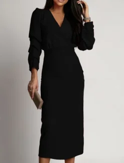Women's Midi Dress Bodycon Dress Work Dresses Semi Formal Office Regular Fit Plain Long Sleeve V Neck Black Green Summer