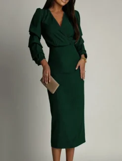 Women's Midi Dress Bodycon Dress Work Dresses Semi Formal Office Regular Fit Plain Long Sleeve V Neck Black Green Summer