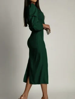 Women's Midi Dress Bodycon Dress Work Dresses Semi Formal Office Regular Fit Plain Long Sleeve V Neck Black Green Summer