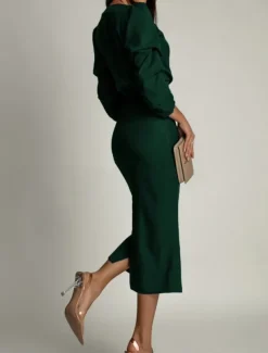 Women's Midi Dress Bodycon Dress Work Dresses Semi Formal Office Regular Fit Plain Long Sleeve V Neck Black Green Summer