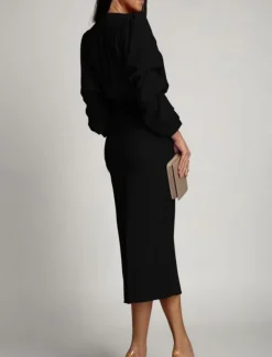 Women's Midi Dress Bodycon Dress Work Dresses Semi Formal Office Regular Fit Plain Long Sleeve V Neck Black Green Summer