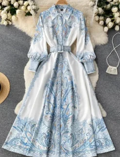 Women's Midi Dress Boho Dress Fashion Holiday Going out Weekend Regular Fit Flower Long Sleeve Shirt Collar Black Blue Apricot Summer