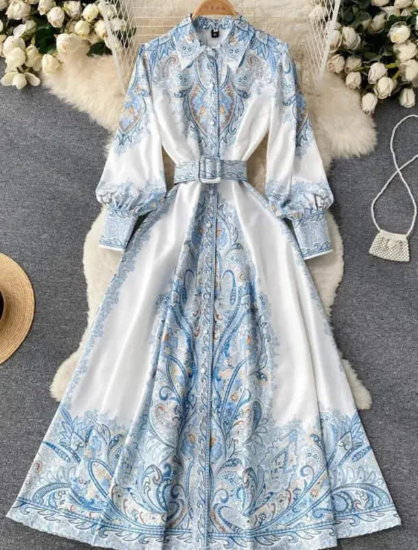 Women's Midi Dress Boho Dress Fashion Holiday Going out Weekend Regular Fit Flower Long Sleeve Shirt Collar Black Blue Apricot Summer